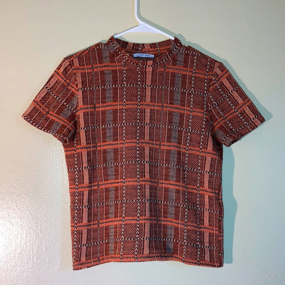 Zara Madras Top Women Size Medium Burnt Orange Black & Beige